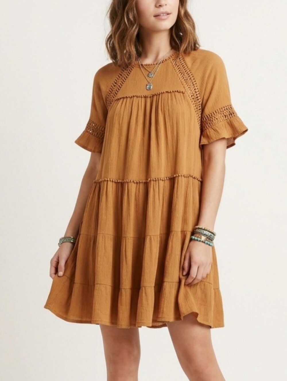 XS/S Patrons of Peace 100% Rayon Boho Babydoll Crinkle Tiered Crochet-Trim Dress